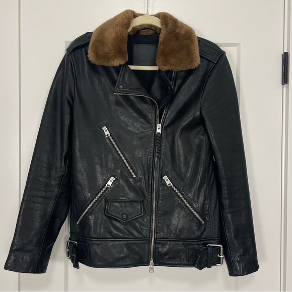 SOLD // All Saints Sherwood Leather Biker Jacket w/ Faux Fur Trim Size Small - Picture 6 of 14
